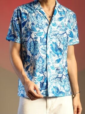 Iro Iro Hawaiian Floral Button Down Shirt XL Blue Tropical Print NWT